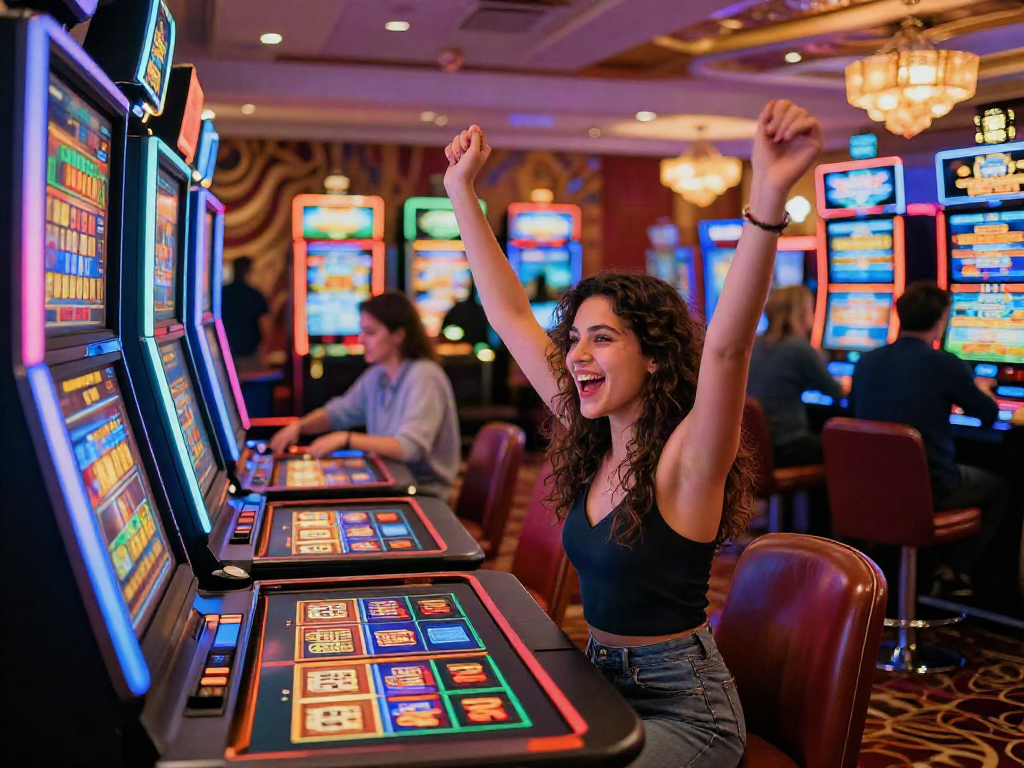 Scène d'un casino animé montrant une femme célébrant un gain avec un casino bonus sans dépôt.