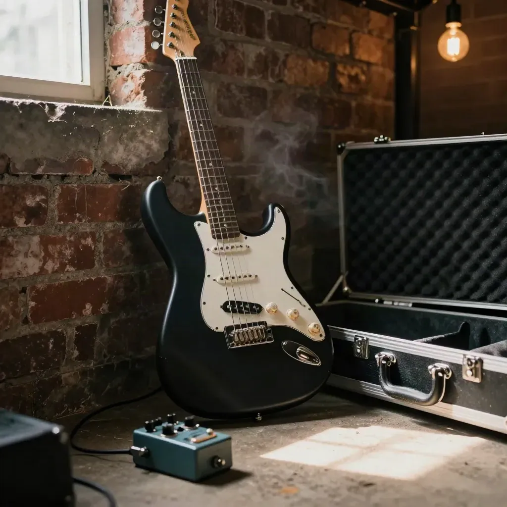 Guitare électrique mate, pédale et flight case ouverts dans un sous-sol après répétition.