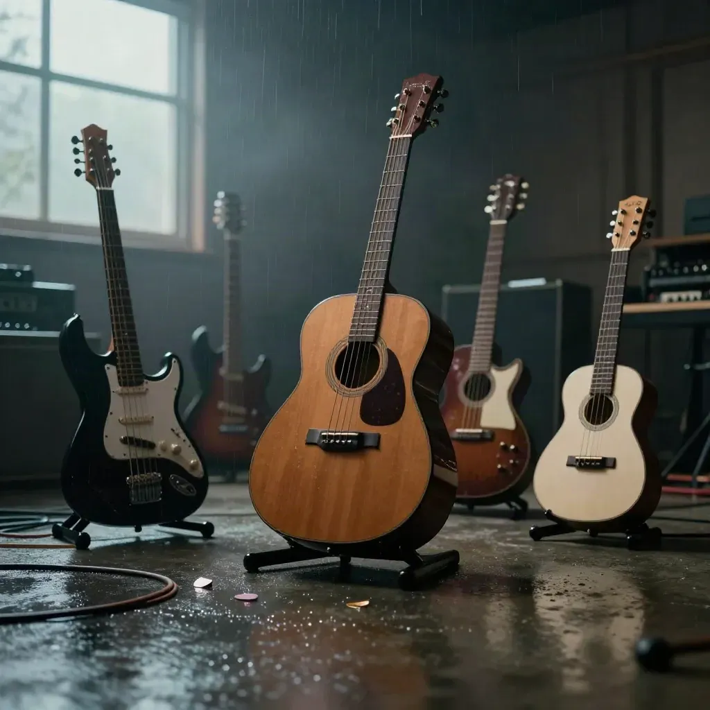 Guitares humides, ukulélé et médiators sur sol de studio après la pluie, lumière turquoise.