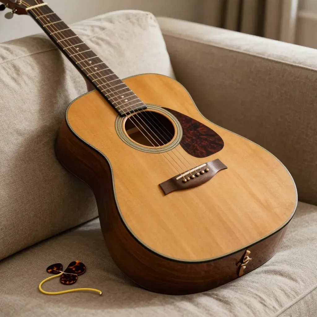 Guitare acoustique vintage, capodastre, médiators et corde de rechange sur un canapé de studio.