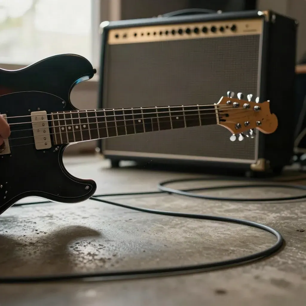 Guitare électrique noire en vibration sèche, câble épais et ampli vintage dans une lumière sombre.