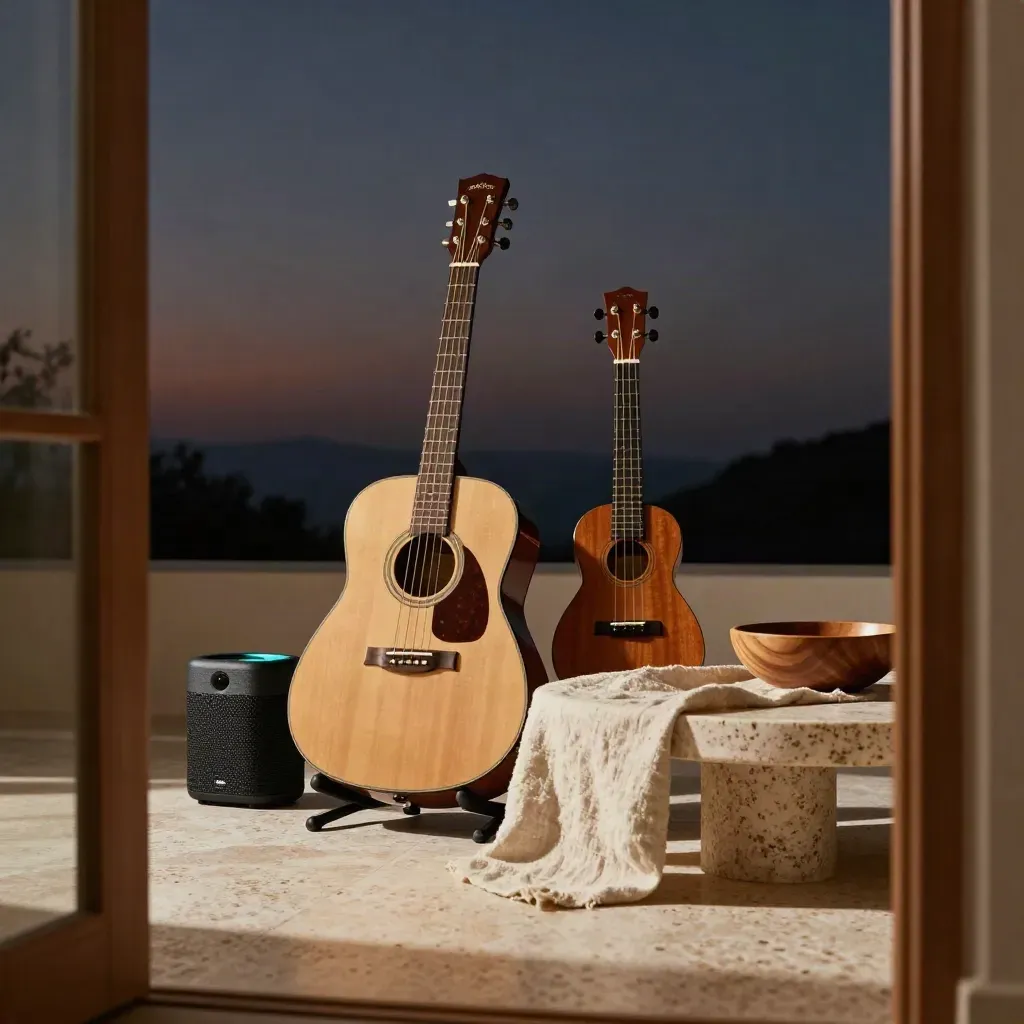 Guitare acoustique, ukulélé et petit haut-parleur sur une table de salon au crépuscule.