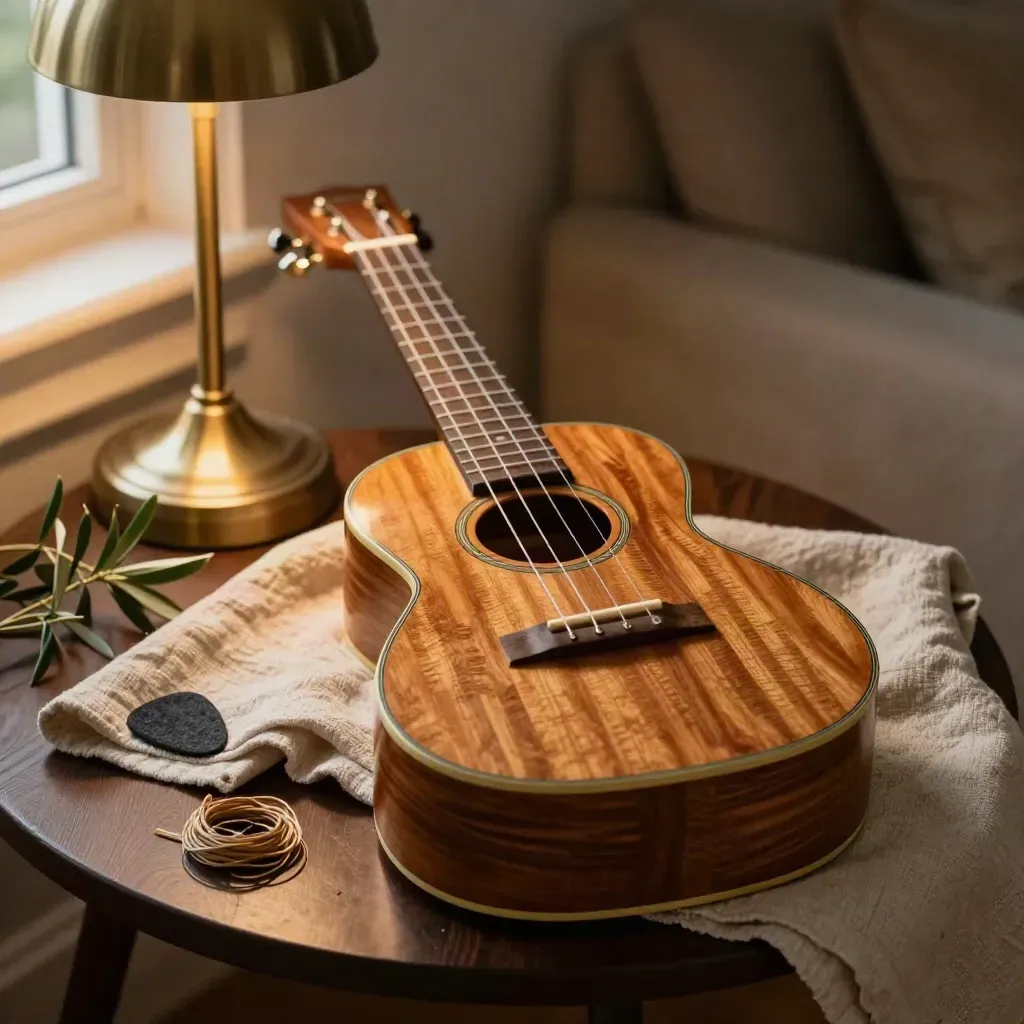 Ukulélé miel éclairé par une lampe, plante et linge froissé dans une ambiance de soir.