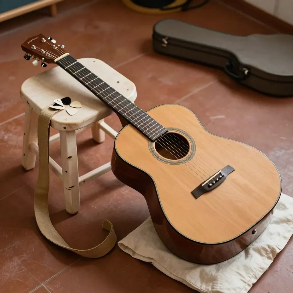 Guitare folk, capodastre, médiators et sangle près d’un tabouret sur un sol en terre cuite.