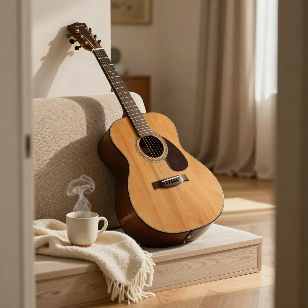 Guitare acoustique, tasse fumante et canapé en tissu dans un salon de répétition au soir.