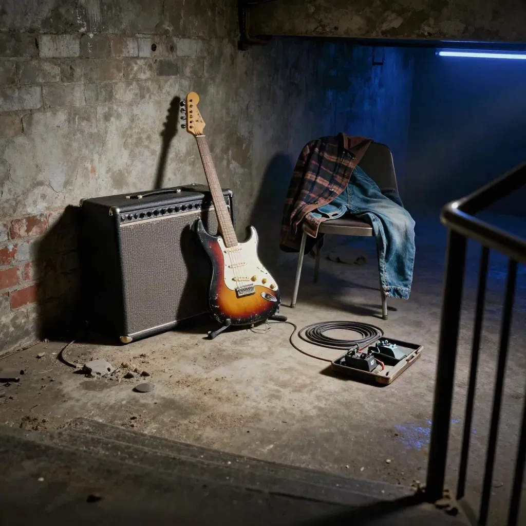 Sous-sol de garage avec guitare électrique, ampli usé et veste à carreaux sous un néon bleu.