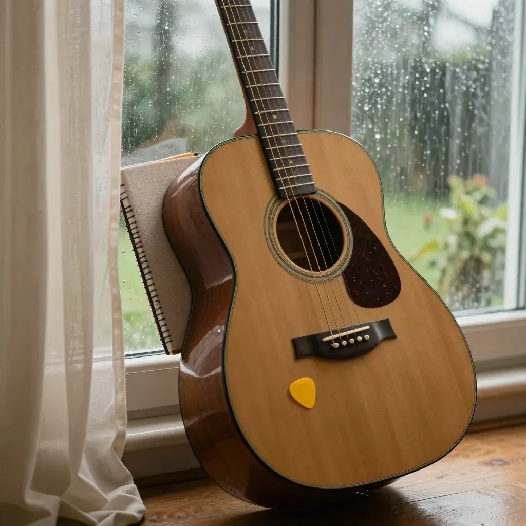 Guitare acoustique près d’une fenêtre sous la pluie, avec carnet fermé et médiator jaune.