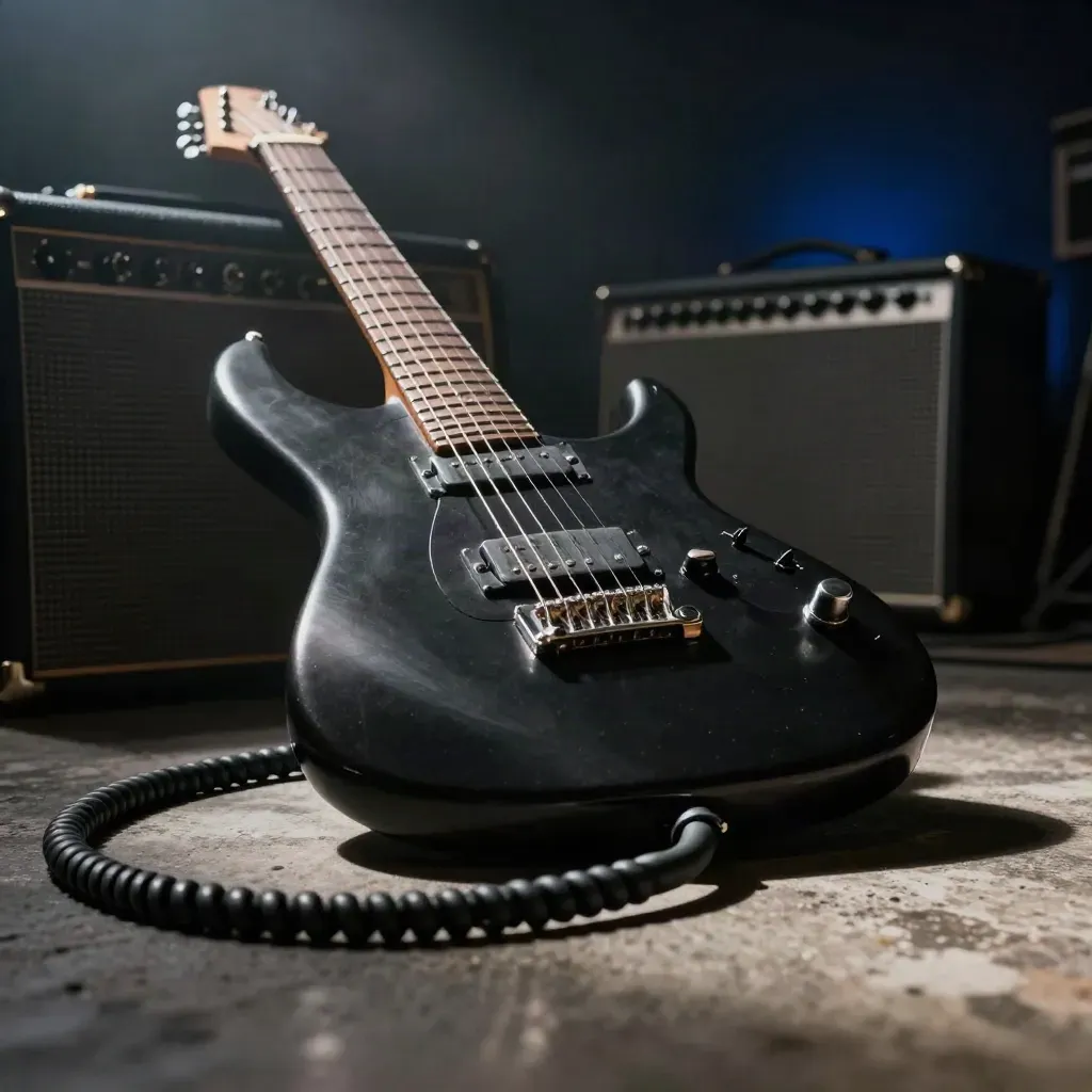 Guitare électrique en accord grave, ampli et câble lourd dans une pièce sombre et fumée.