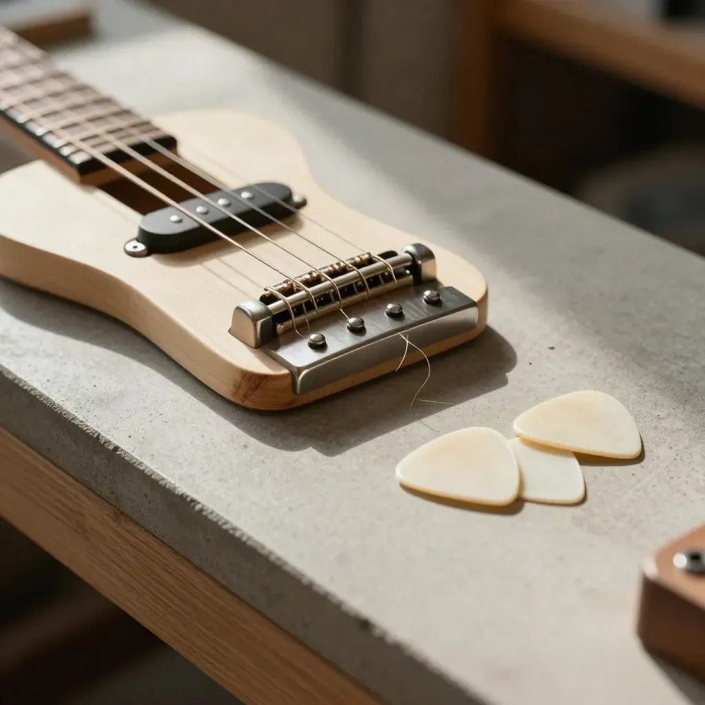 Gros plan d’un bureau de lutherie avec guitare, chevalet, corde et médiators.
