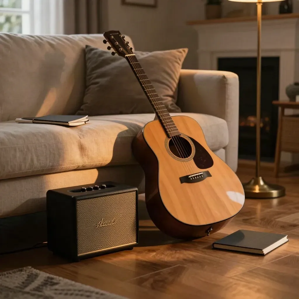Salon crépusculaire avec guitare acoustique, petit haut-parleur et carnet fermé sous une lumière douce.