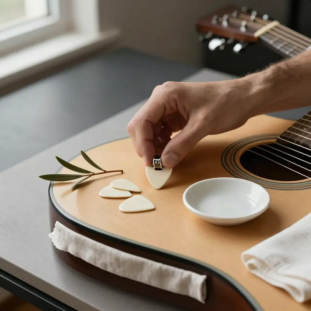 Capodastre sur guitare acoustique avec médiators, rameau et coupelle, lumière douce.