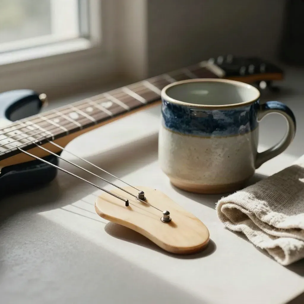 Gros plan d’une corde grave de guitare électrique, médiator usé et tasse brute sur bois clair.