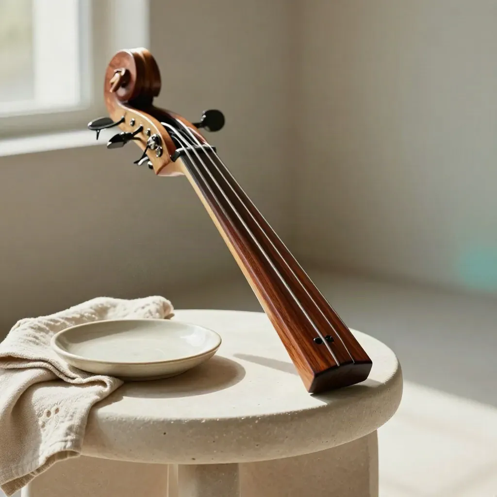 Manche de basse sur tabouret, linge plié et coupelle, lumière douce et poussière légère.