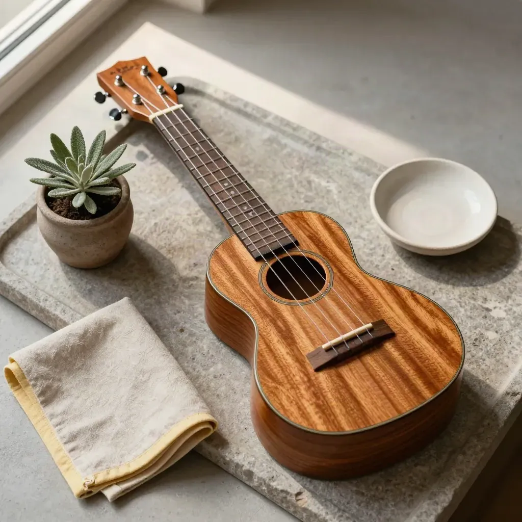 Ukulélé en bois miel avec plante, linge plié et coupelle sur un plateau de pierre.